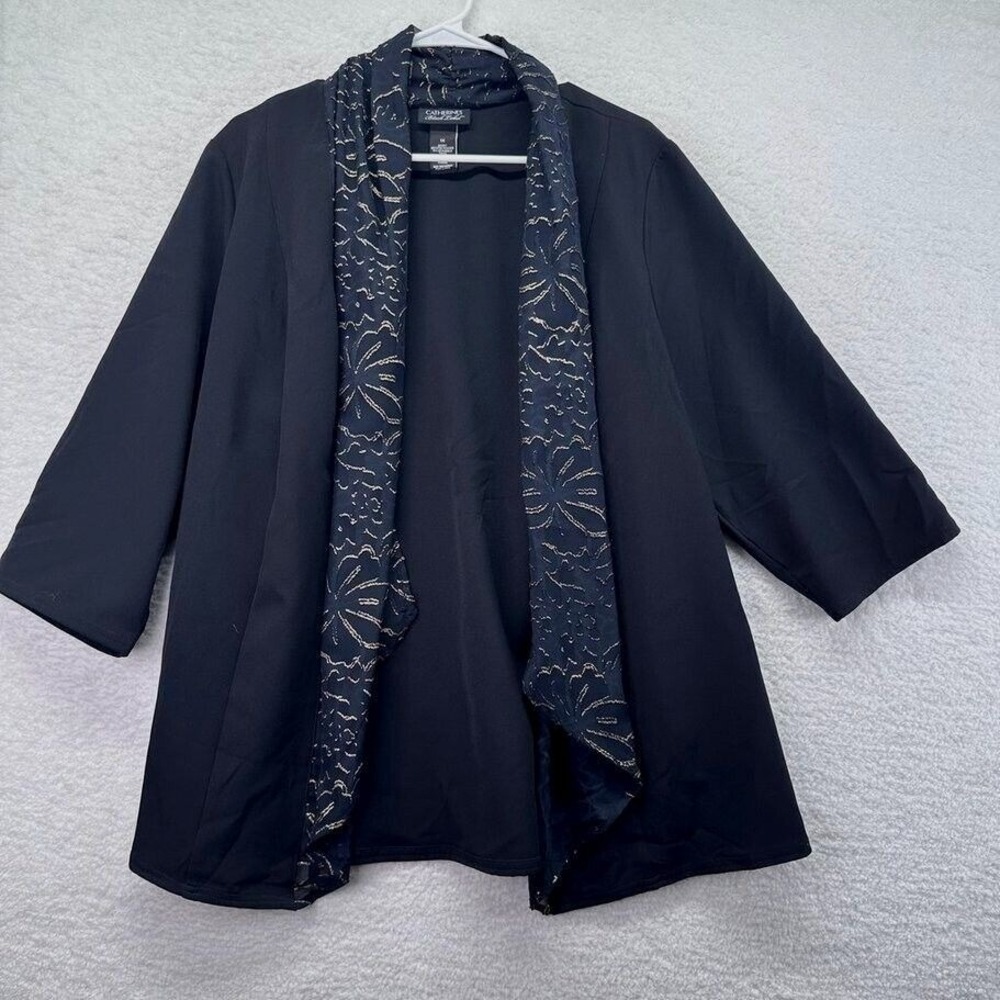 Catherines Black Label Blazer 1X Open Front Jacket Flowy Black Gold Trim Collar